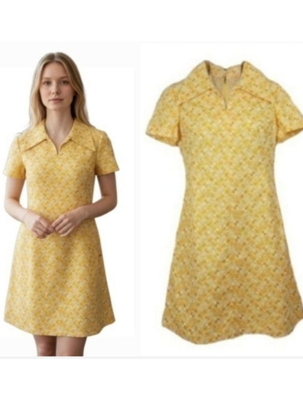 NEW Vintage Handcrafted 60's 70's Geometric Embroidered Yellow Mod Dress Size M